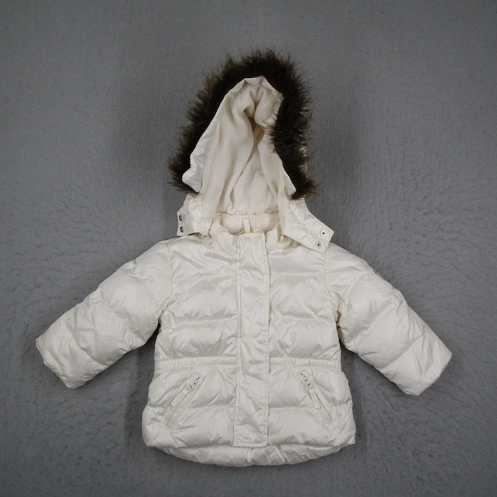 Baby Gap Toddler Girls Ivory Down Puffer Jacket Faux Fur Hood 18-24 Months HOL08